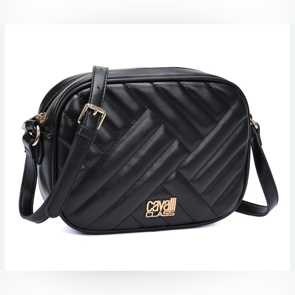 Cavalli Class Marzia Black Top Zip Shoulder Camera Crossbody Bag. New With Tags